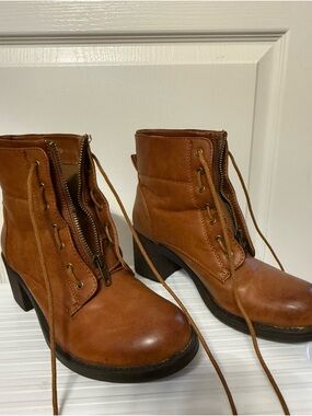 Seven7 Cognac Lace-Up & Zip Block Heel Ankle Boots